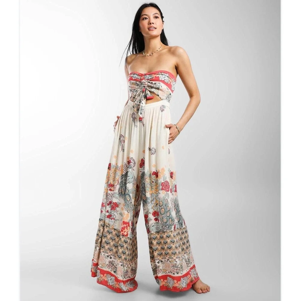 Free People Floral Peacock Strapless Cutout Jumpsuit Cream Red XS
